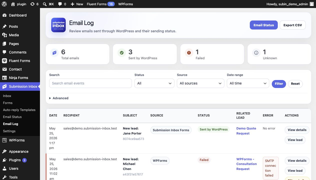 Submission Inbox Email Log screen