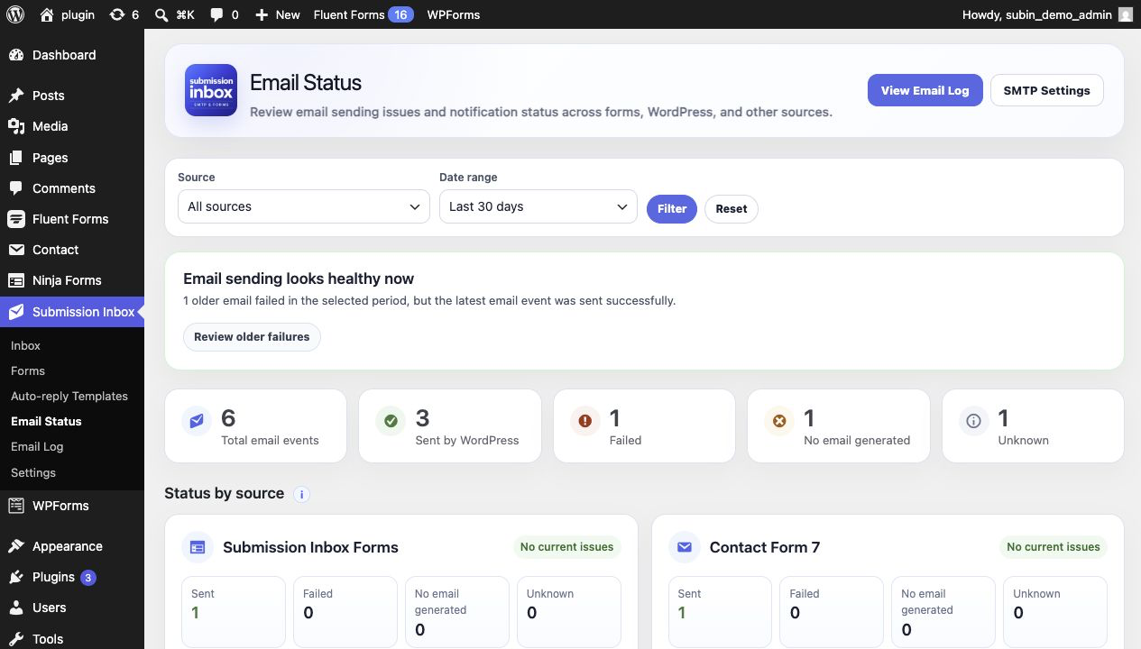 Submission Inbox Email Status screen