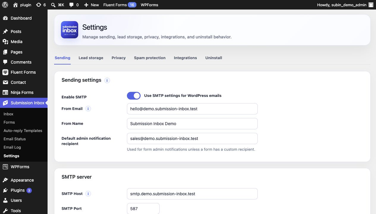 Submission Inbox settings screen